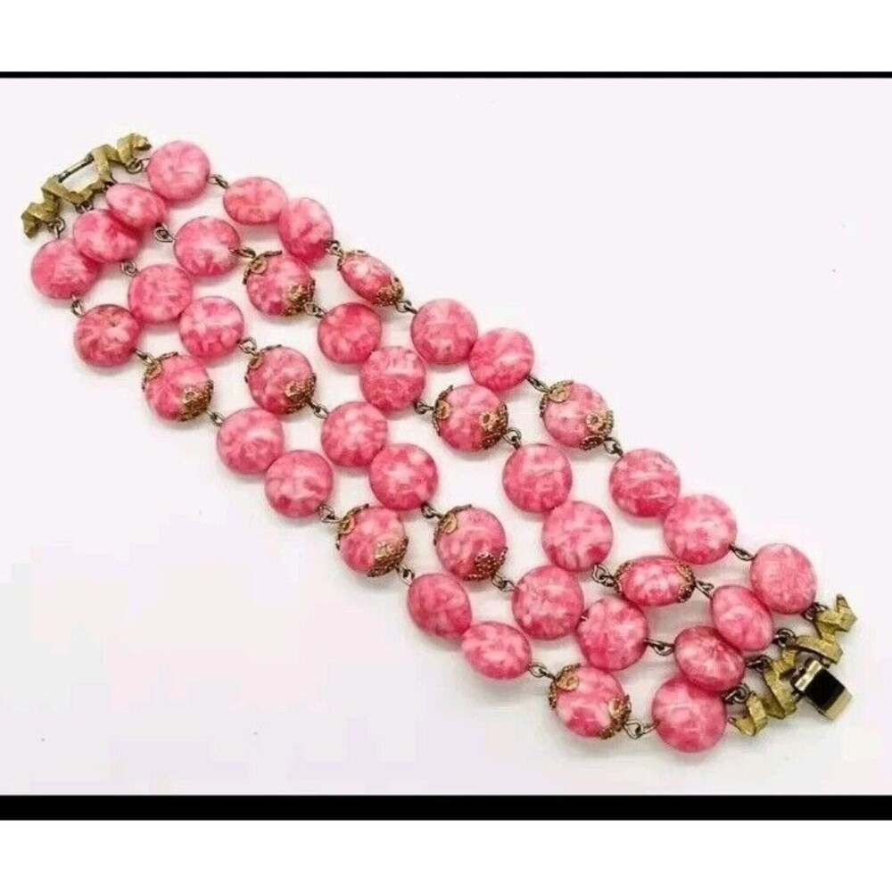 KRAMER NY 4 Strand Motttled Pink Glass Beaded Bracelet Signed Vintage Jewelry